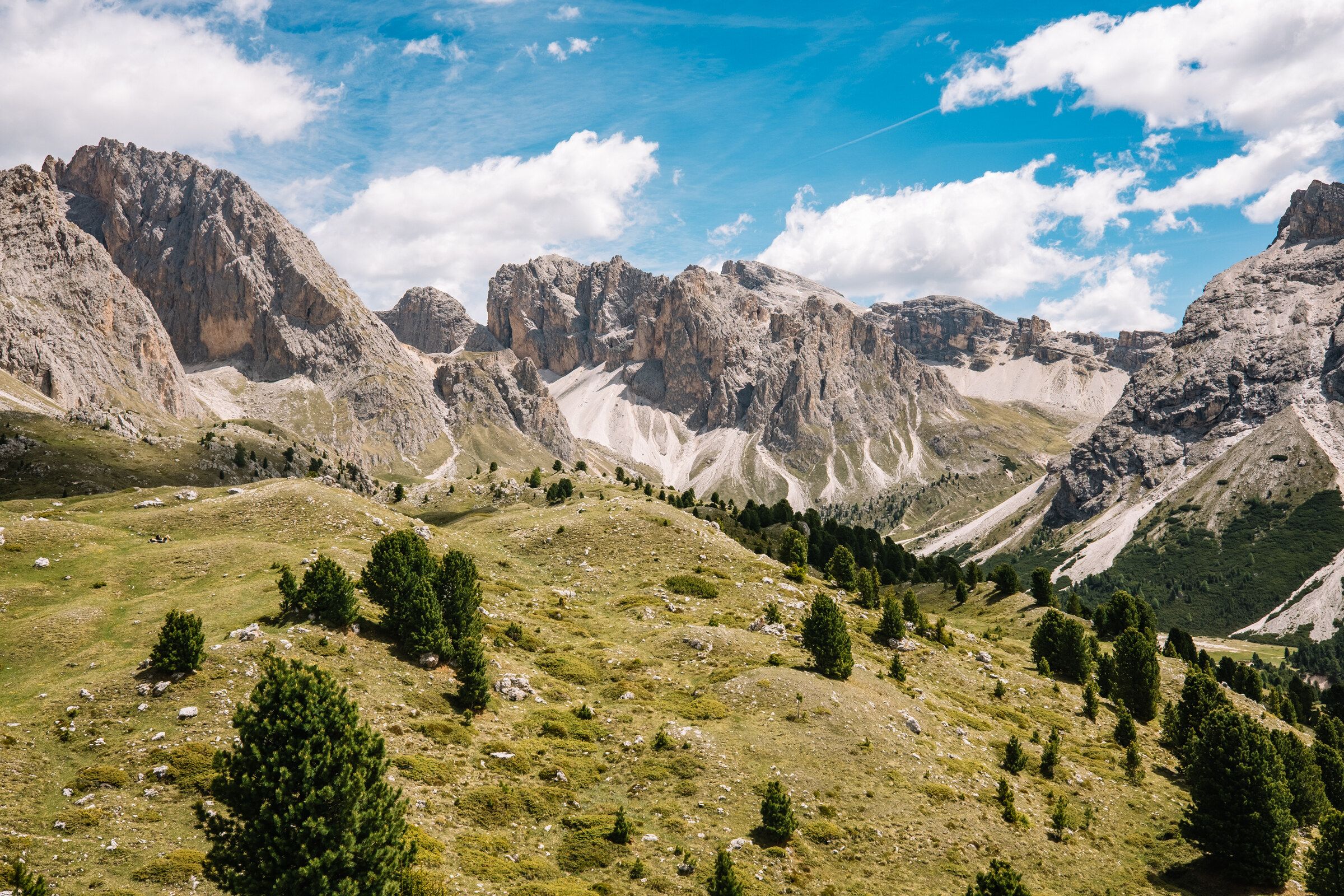 A mountain hut in a green meadow below pale alpine peaks